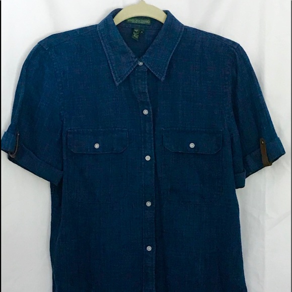 Ralph Lauren Linen Indigo Blue Shirt Short Sleeve - Picture 1 of 8